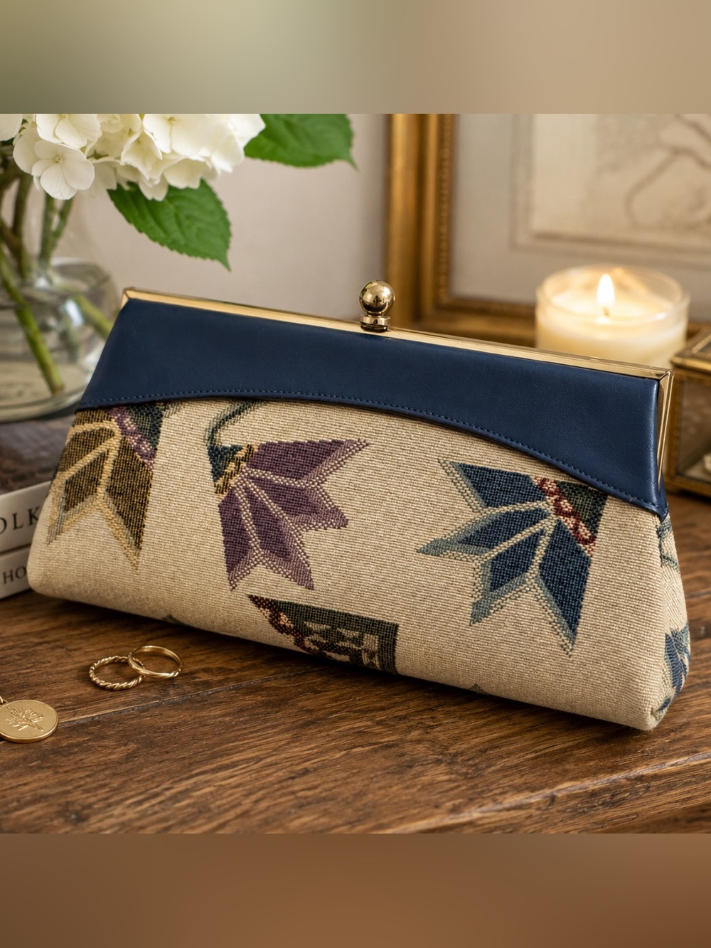 Vintage Floral Tapestry & Blue Leather Clutch Purse